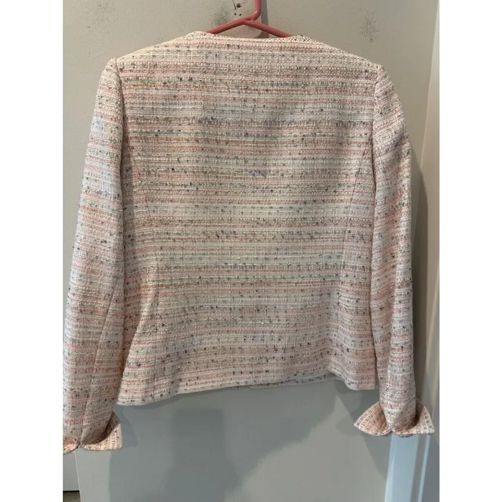 Karl Lagerfeld Cream and Pink Tweed Zip Jacket pockets rounded neckline size 8